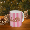 Pink Striped Coffee Mug, Hello Script Office Cup, Cheerful Gift