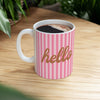 Pink Striped Coffee Mug, Hello Script Office Cup, Cheerful Gift