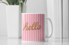 Pink Striped Coffee Mug, Hello Script Office Cup, Cheerful Gift